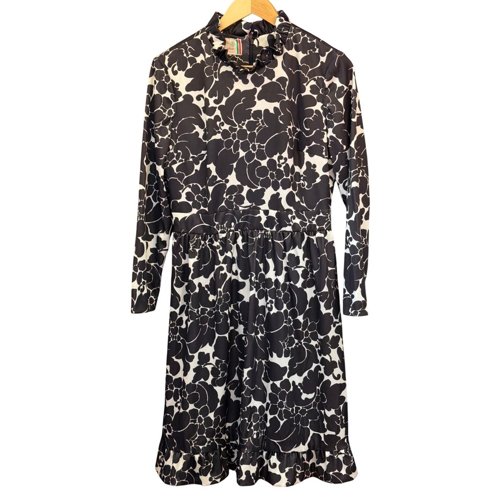 Vintage Emilio Borghese Roma Floral Dress Mod Retro 60s 70s Ruffle Black White